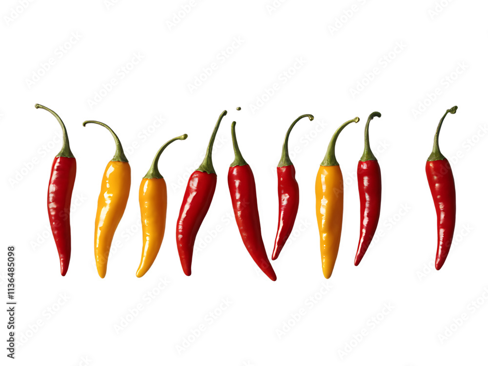 Vibrant red and yellow chili peppers on a clear background. Vibrant red and yellow chili peppers on a clear background.