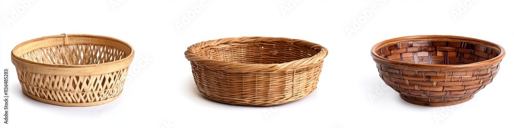 Three different baskets of natural wood and bamboo on white background. Three different baskets of natural wood and bamboo on white background.