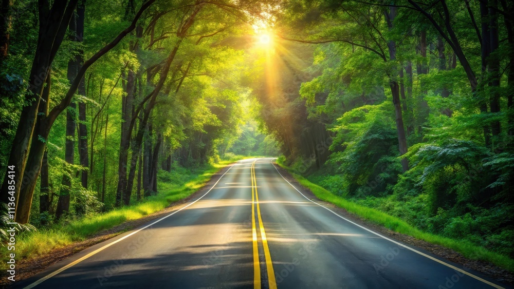 Obraz premium Sunlit Asphalted Road Through Lush Green Forest Canopy