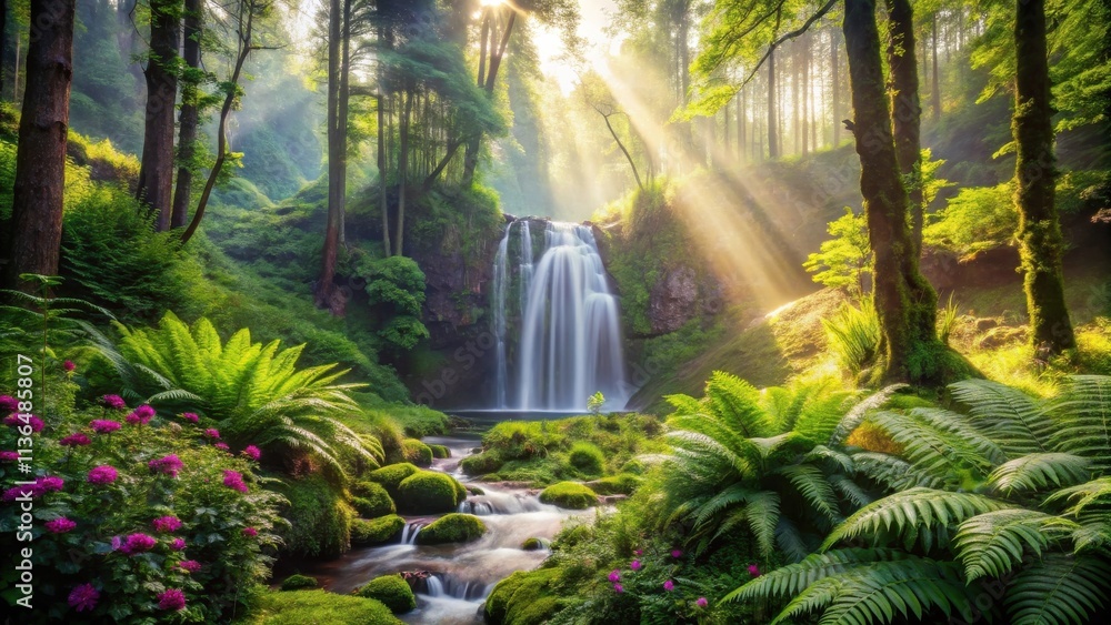 Serene Waterfall Cascading Through Lush Green Forest, Bathed in Sunlight Serene Waterfall Cascading Through Lush Green Forest, Bathed in Sunlight