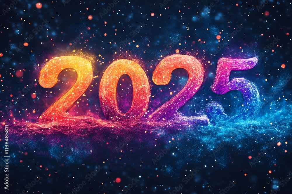 Colorful Numbers Happy New Year 2025 in Space. Colorful Numbers Happy New Year 2025 in Space.