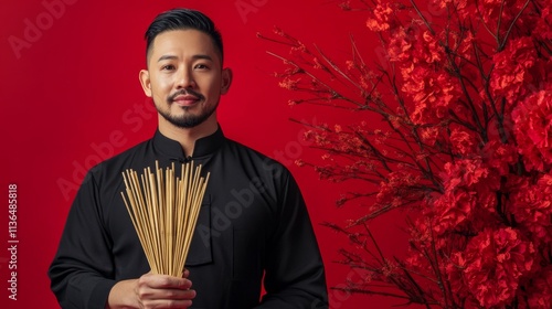 Asian man holding bamboo cylinder with fortune sticks or Esiimsi fortune telling chinese new year isolated on red decoration background. with copy space photo