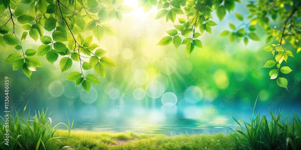 Serene Lakeside Vista Sunlit Green Leaves Frame Tranquil Water and Lush Grass Serene Lakeside Vista Sunlit Green Leaves Frame Tranquil Water and Lush Grass