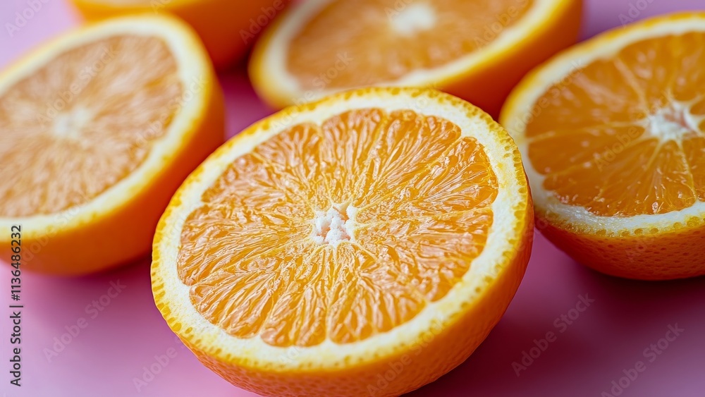 Freshly sliced oranges arranged beautifully on a pink background Freshly sliced oranges arranged beautifully on a pink background