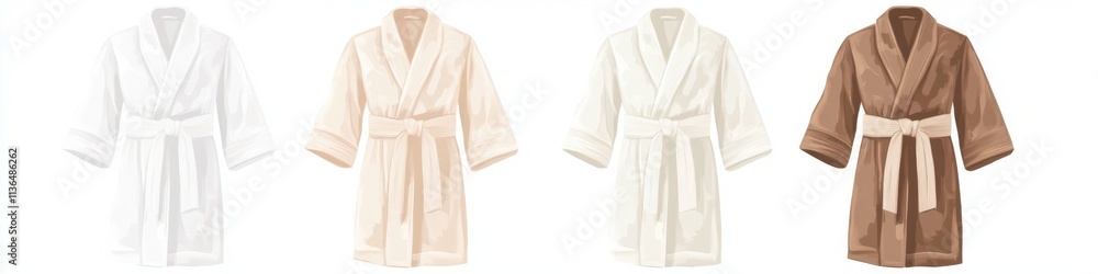 Four white and beige bathrobes with colored belts in vector illustration. Four white and beige bathrobes with colored belts in vector illustration.