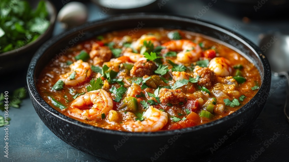 Savory seafood stew with shrimp and spices served in a bowl Savory seafood stew with shrimp and spices served in a bowl
