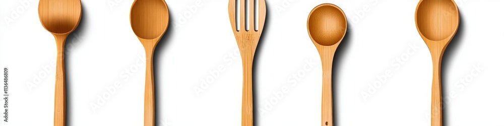 Wooden cooking spoons in different styles shown from multiple angles on white background. Wooden cooking spoons in different styles shown from multiple angles on white background.