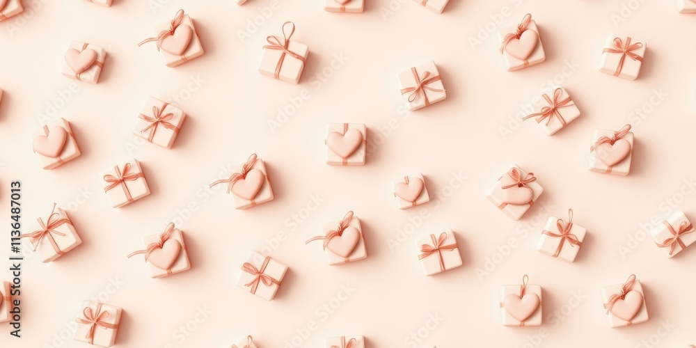 Romantic pastel pink presents with heart decorations arranged in a repeating pattern Romantic pastel pink presents with heart decorations arranged in a repeating pattern
