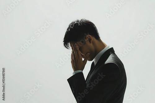 The sad Asian businessman covered his face with his hand as if to block out the problem.