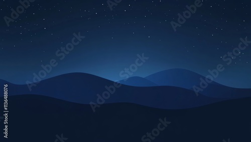 Night Mountains Silhouettes: A Peaceful Starry Night Landscape. Minimalist Design for a Quiet Mood. Simple Artistic Illustration of Dark Blue Mountains and Night Sky