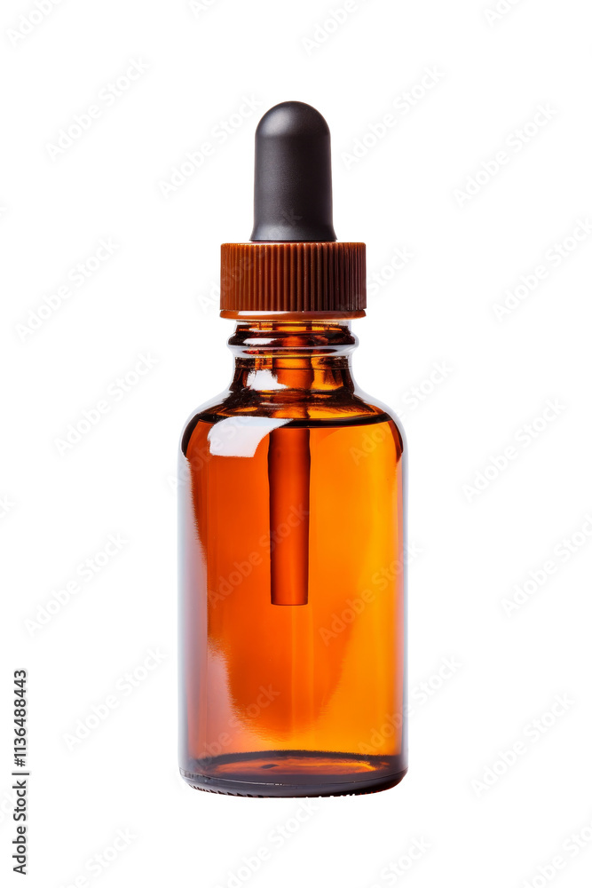 An amber glass dropper bottle with a black rubber top, isolated on a transparent background. Ideal for skincare, essential oil, or cosmetic packaging designs An amber glass dropper bottle with a black rubber top, isolated on a transparent background. Ideal for skincare, essential oil, or cosmetic packaging designs
