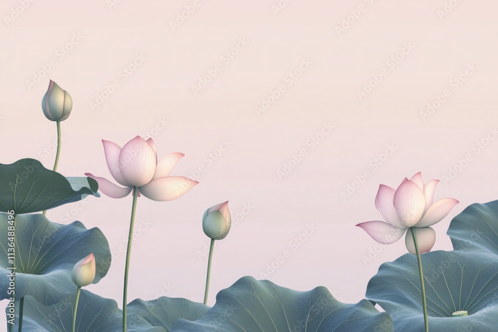 Fototapeta premium Delicate Pink Lotus Blossoms in a Serene Still Life. A Peaceful and Elegant Floral Artistic Still Life, Showcasing the Beauty of Nature's Gentle Grace.