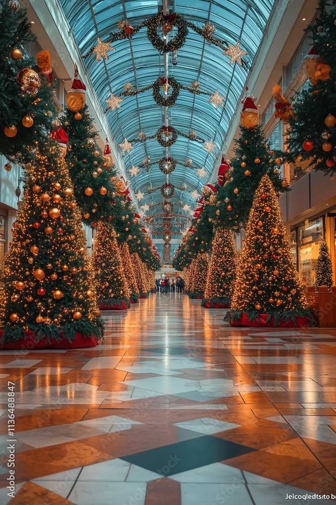 Obraz premium Luxury shopping mall decorated with Christmas trees, glowing lights, and festive garlands, creating magical holiday ambiance. Winter celebration, elegant decor, holiday shopping, seasonal beauty