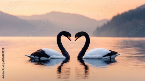 Two elegant swans form a heart shape while gracefully floating on calm water during a serene sunset, surrounded by soft hills. Valentine photo