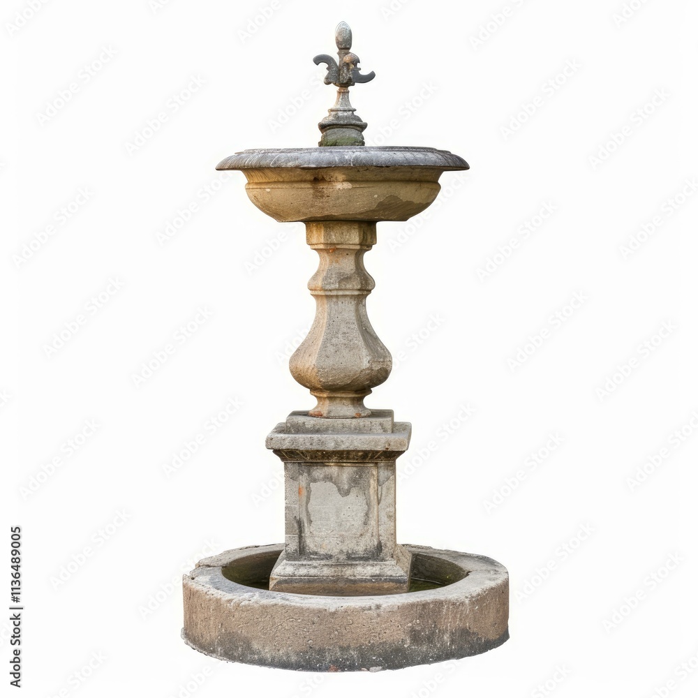 Weathered stone fountain isolated on white background, showing signs of age and wear Weathered stone fountain isolated on white background, showing signs of age and wear