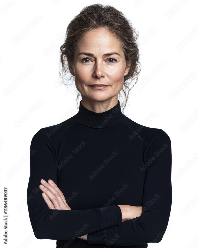 Confident woman with arms crossed displaying poise and elegance in simple black attire Confident woman with arms crossed displaying poise and elegance in simple black attire