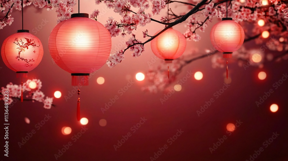 Enchanting red lanterns glow amidst cherry blossoms, ideal for Lunar New Year celebrations, cultural events, or decorative use for festive occasions. Enchanting red lanterns glow amidst cherry blossoms, ideal for Lunar New Year celebrations, cultural events, or decorative use for festive occasions.