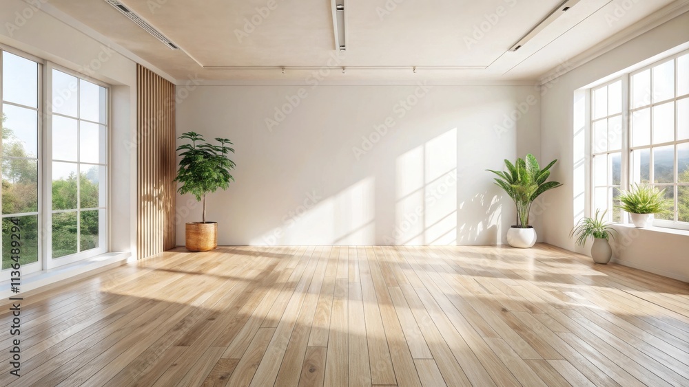 Fototapeta premium Bright, airy minimalist room interior design with hardwood floors and large windows showcasing natural light and potted plants