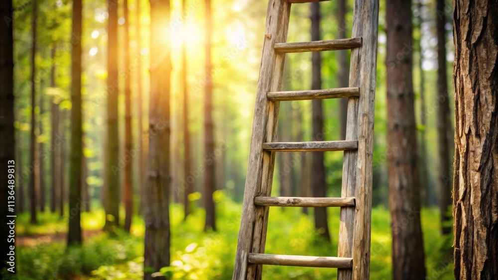 Rustic wooden ladder standing in a sunlit forest, symbolizing growth and reaching for the light Rustic wooden ladder standing in a sunlit forest, symbolizing growth and reaching for the light