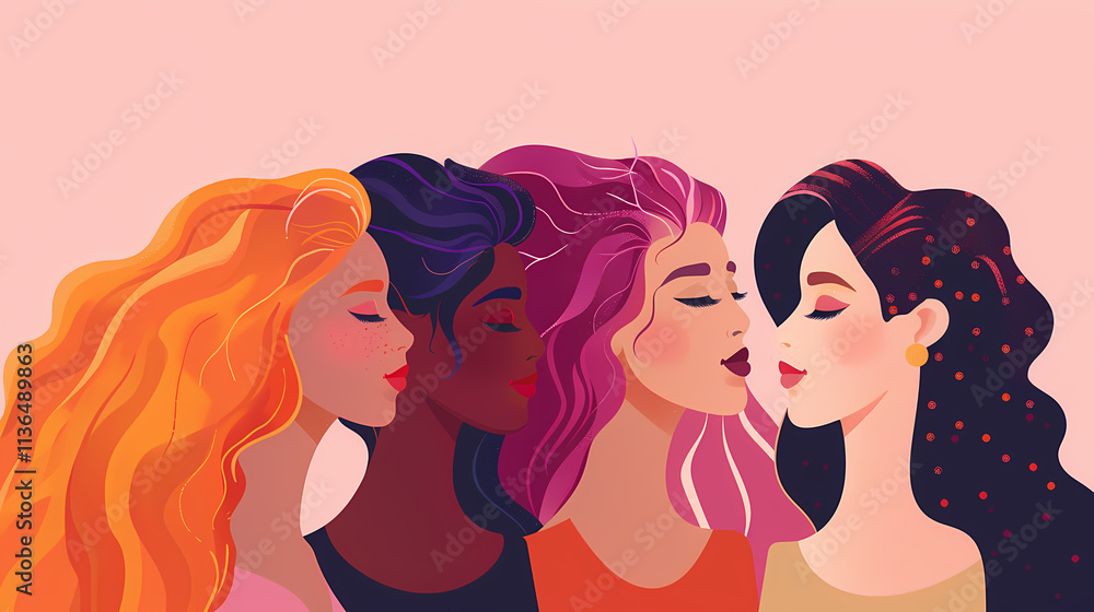 Sisterhood in Bloom: A vibrant illustration of diverse women united in a beautiful display of unity and empowerment. The women, with their varied skin tones and hairstyles, stand shoulder-to-shoulder. Sisterhood in Bloom: A vibrant illustration of diverse women united in a beautiful display of unity and empowerment. The women, with their varied skin tones and hairstyles, stand shoulder-to-shoulder.