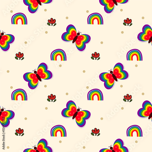 Butterfly colorful cartoon so cute. On rainbow flower background. Pattern seamless vector illustration. 
