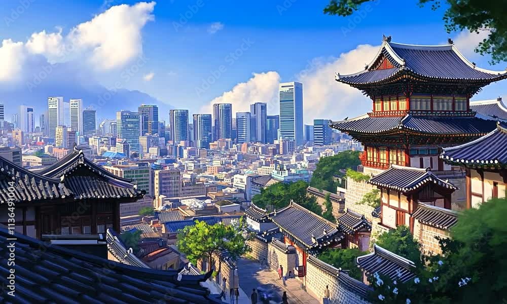 A vibrant cityscape blending traditional architecture with modern skyscrapers under a blue sky. A vibrant cityscape blending traditional architecture with modern skyscrapers under a blue sky.