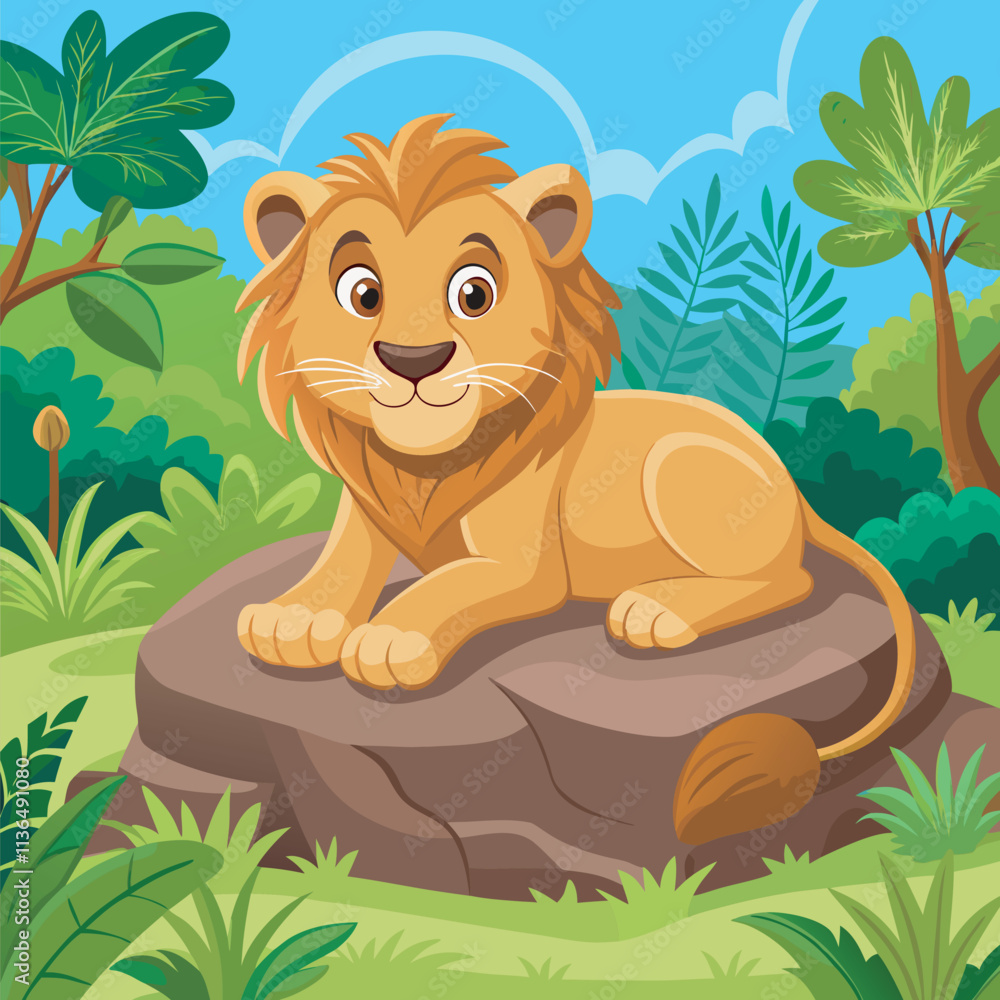 A happy lion cub sitting on a rock in a lush jungle
A happy lion cub sitting on a rock in a lush jungle