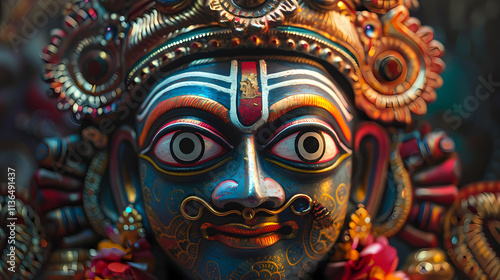 Wallpaper Mural Mystical Hindu Deity: Close-up of an intricately detailed and vibrantly colored statue of a Hindu god, showcasing rich cultural artistry and spiritual symbolism.  Torontodigital.ca