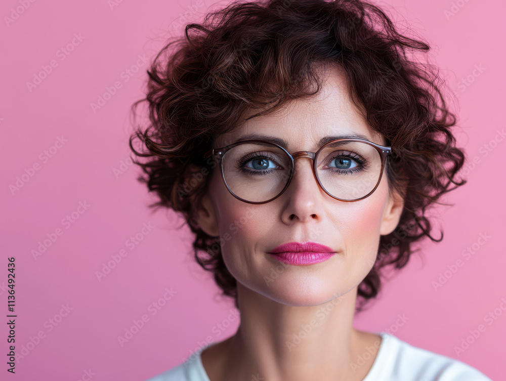 Obraz premium Thoughtful woman with curly hair and glasses poses against a pink backdrop