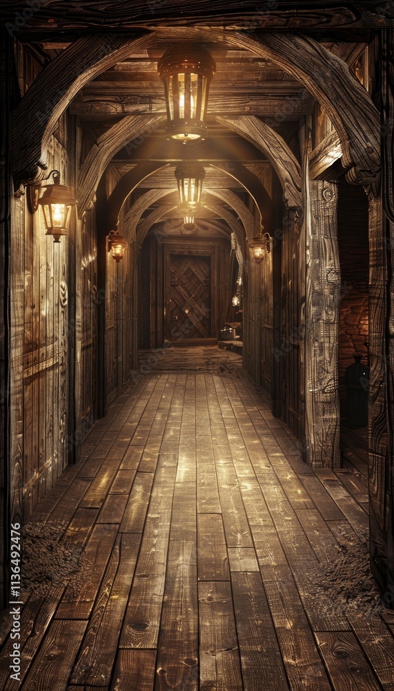 Mysterious, Endless Hallway with Arched Ceilings and Antique Lanterns, Evoking a Sense of Fantasy Mysterious, Endless Hallway with Arched Ceilings and Antique Lanterns, Evoking a Sense of Fantasy
