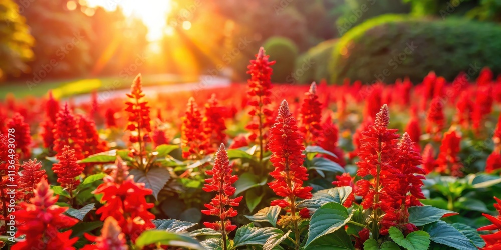 Vibrant Red Flowers Illuminated by Golden Sunset Rays in a Lush Garden Setting Vibrant Red Flowers Illuminated by Golden Sunset Rays in a Lush Garden Setting