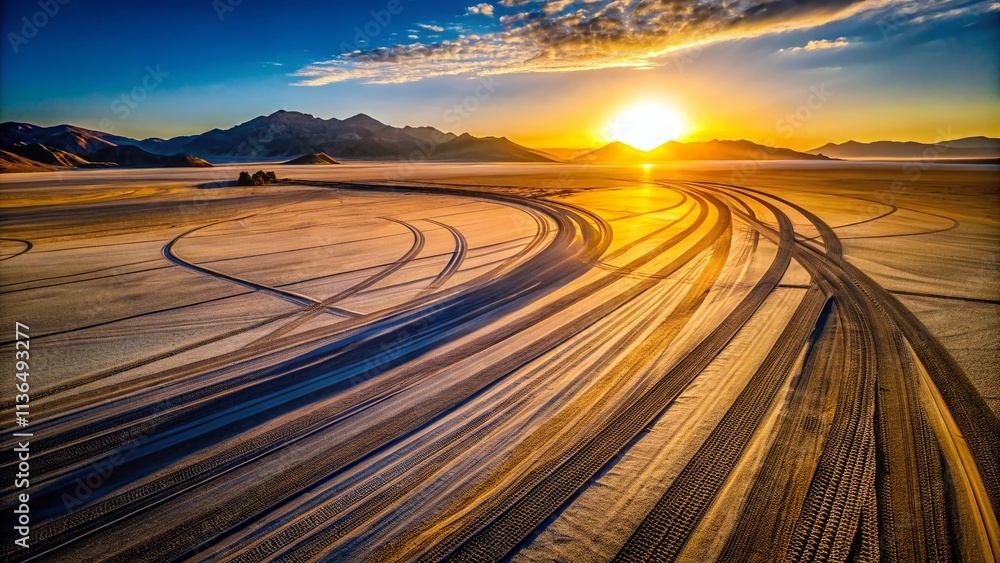 Fototapeta premium Drone View: Tire Tracks, Desert Racetrack, Sunset, Dust, Dramatic Sky, Aerial Photography