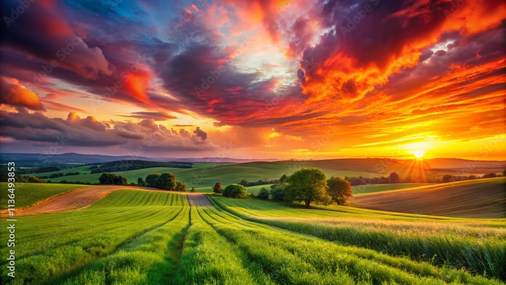 Obraz premium Dusk Sunset Landscape Photography, Rolling Green Hills, Vibrant Sky, Golden Hour, Nature Scene