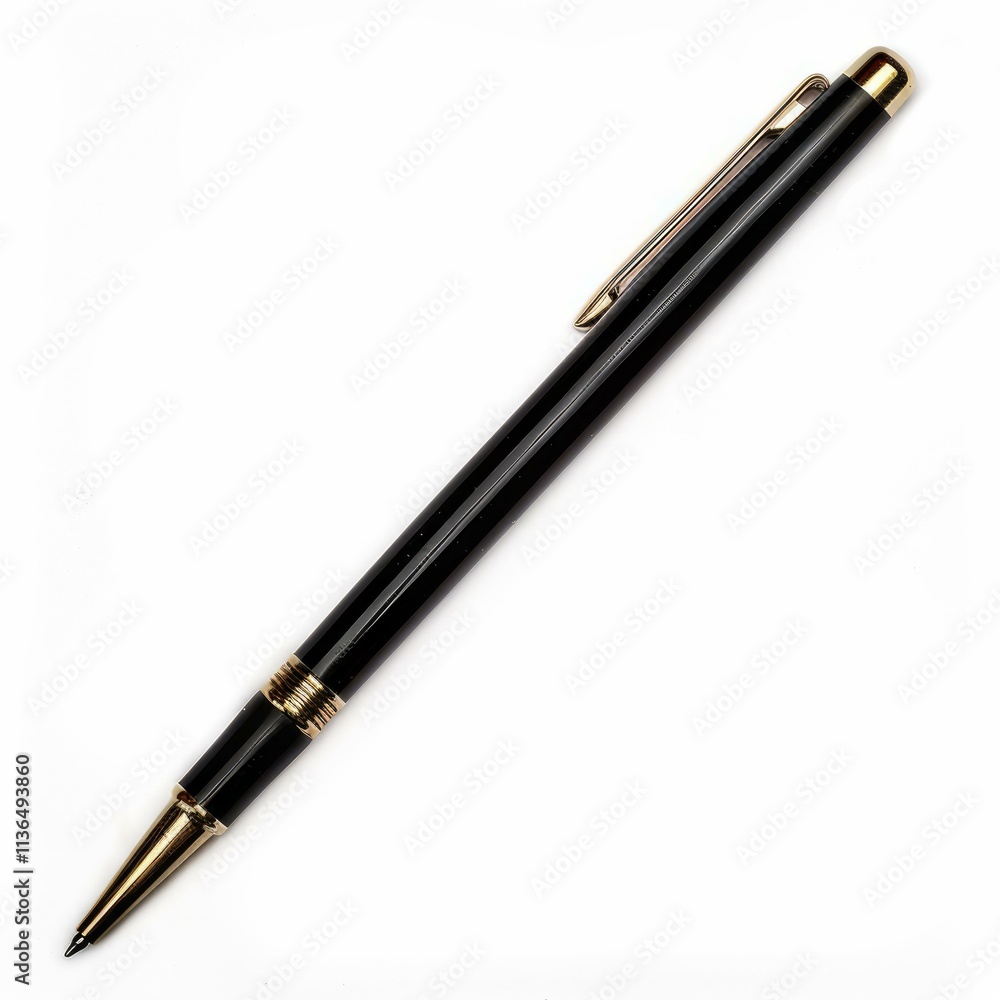 Classic black and gold pen resting on a pristine white surface, conveying sophistication and readiness for writing Classic black and gold pen resting on a pristine white surface, conveying sophistication and readiness for writing