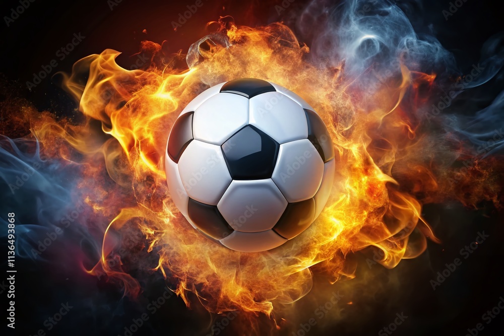 Naklejka premium Dynamic Aerial Shot of a White Soccer Ball Engulfed in Flames Against a Dark Background, Capturing the Intensity of Fire and Sport for High-Energy Visuals