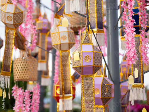 Lanna lantern (Yi Peng lantern) is a colorful traditional Thai lantern, handmade in the northern style, hanging on a rope for decoration.