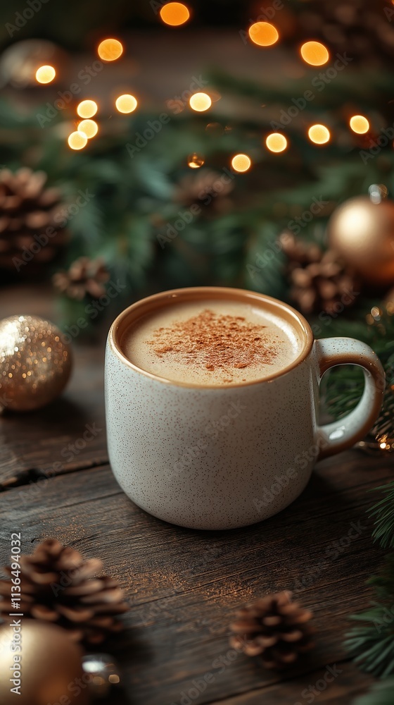 Hot cup of spiced latte in a ceramic mug, surrounded by pinecones, bokeh lights, and festive Christmas ornaments, cozy holiday season warmth and celebration Hot cup of spiced latte in a ceramic mug, surrounded by pinecones, bokeh lights, and festive Christmas ornaments, cozy holiday season warmth and celebration