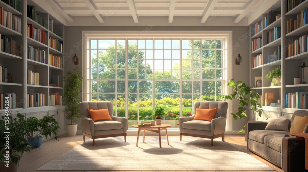 Sunlit library with armchairs, bookshelves, and garden view. Sunlit library with armchairs, bookshelves, and garden view.