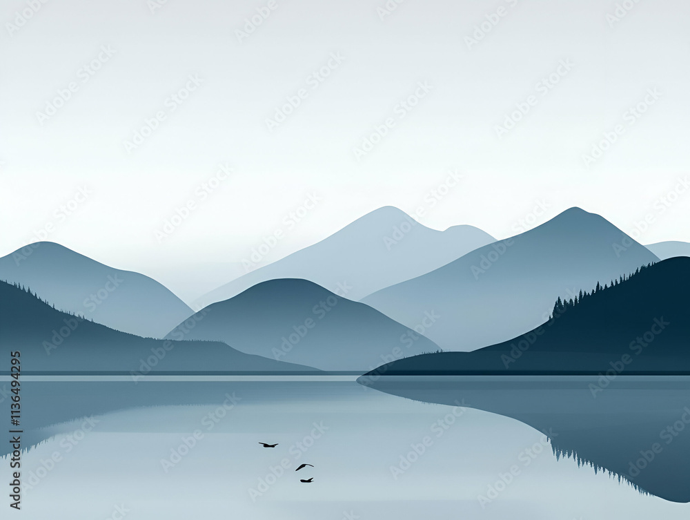 Serene mountain landscape with calm water reflection and distant hills. Serene mountain landscape with calm water reflection and distant hills.