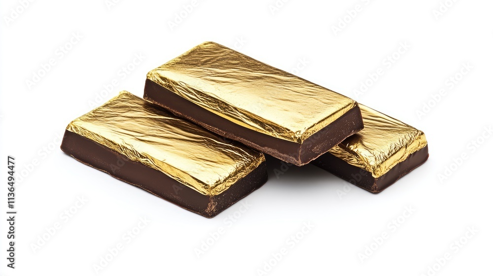 Three chocolate bars wrapped in shiny gold foil on a white background Three chocolate bars wrapped in shiny gold foil on a white background