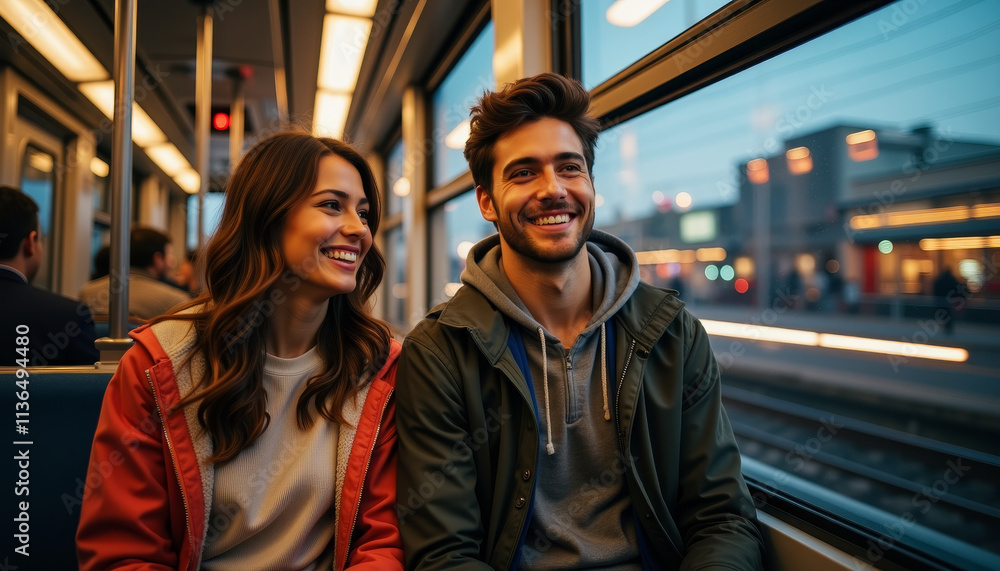 Fototapeta premium Joyful moments shared on a city train ride during early evening rush hour