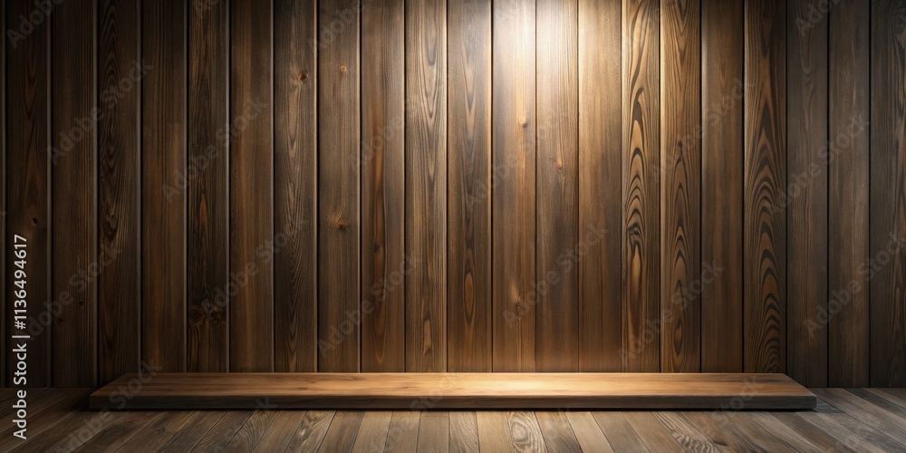 Empty Wooden Shelf Against Dark Wood Panel Wall Background Empty Wooden Shelf Against Dark Wood Panel Wall Background