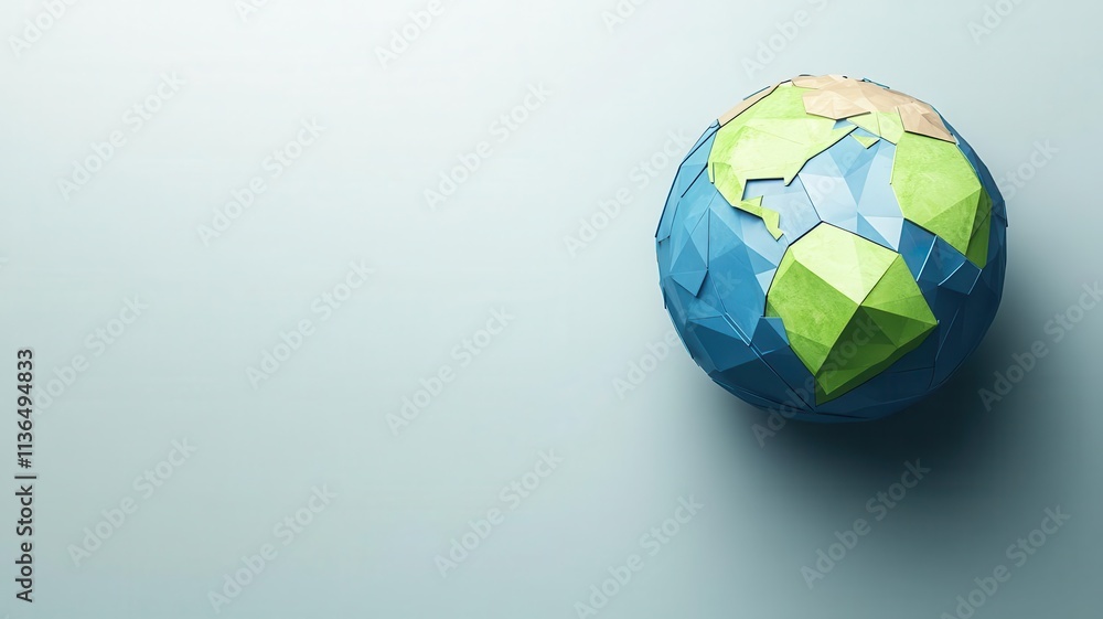 Fototapeta premium A colorful, geometric representation of Earth, showcasing continents in vibrant hues against a soft background.