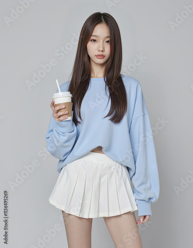 Full Body Photo of Asian Girl in Light Blue Loose Sweatshirt and White Short Skirt holding coffee cup Posing Against Simple Background	