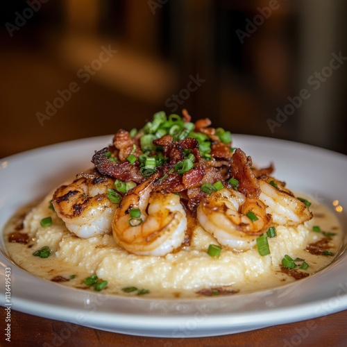 A tempting plate of shrimp and grits with sautéed shrimp, creamy cheddar grits, and a sprinkle of crispy bacon photo