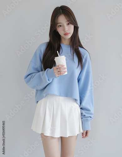 Full Body Photo of Asian Girl in Light Blue Loose Sweatshirt and White Short Skirt holding coffee cup Posing Against Simple Background	