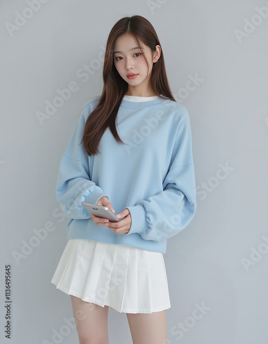 Full Body Photo of Asian Girl in Light Blue Loose Sweatshirt and White Short Skirt using mobile phone Posing Against Simple Background	