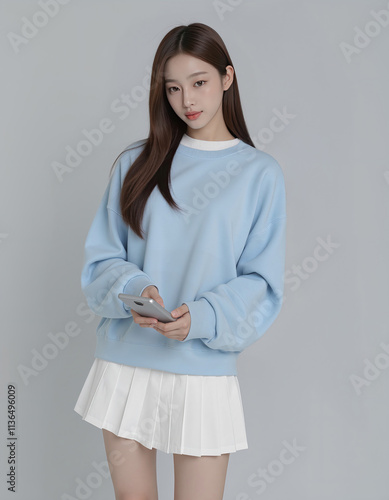 Full Body Photo of Asian Girl in Light Blue Loose Sweatshirt and White Short Skirt using mobile phone Posing Against Simple Background	