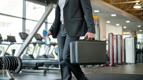 Professional Man in Suit Walking with Water Bottle and Briefcase