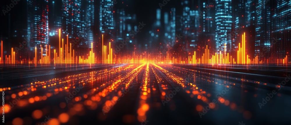 Fototapeta premium Futuristic cityscape with glowing data visualizations